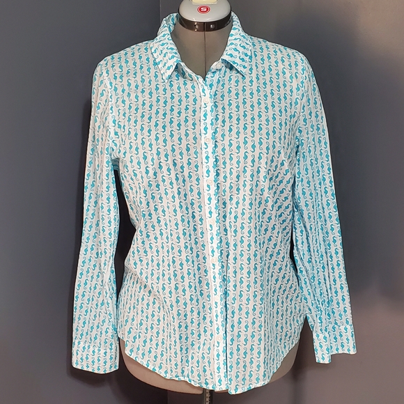 crown & ivy Tops - Crown & Ivy Turquoise Seahorse Long Sleeve Button Down Shirt Cotton Size L
